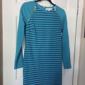 Michael Kors Teal and Black Striped Dress with Gold Zippers